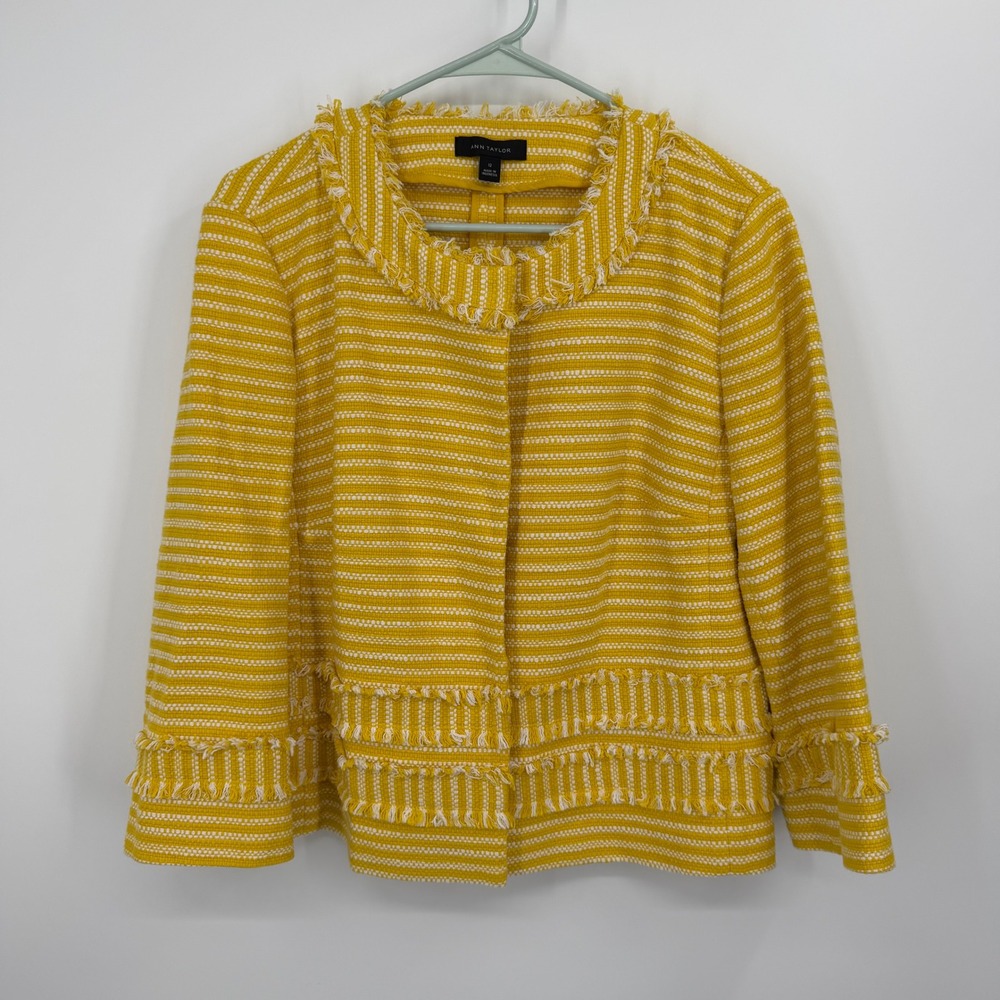 Ann Taylor Tweed Jacket Women 12 Yellow Fringed Striped Snap Front